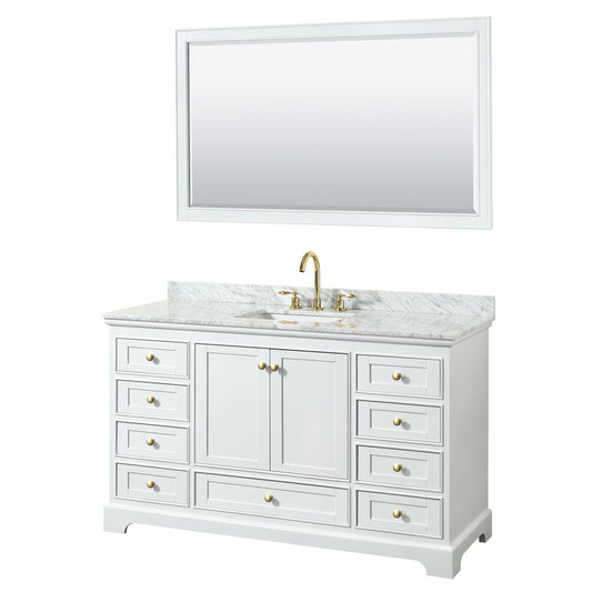 Wyndham Collection Deborah 60 Inch Single Bathroom Vanity in White, White Carrara Marble Countertop, Undermount Square Sink, Brushed Gold Trim - Luxe Bathroom Vanities