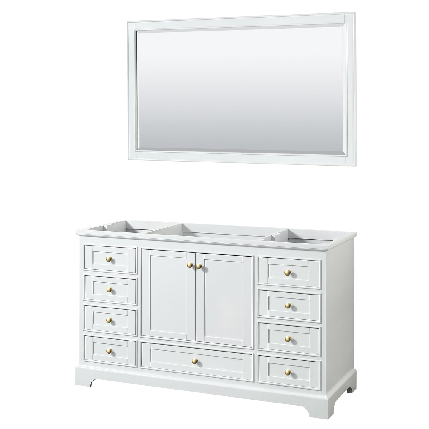 Wyndham Collection Deborah 60 Inch Single Bathroom Vanity in White, No Countertop, No Sink, Brushed Gold Trim, 58 Inch Mirror - Luxe Bathroom Vanities