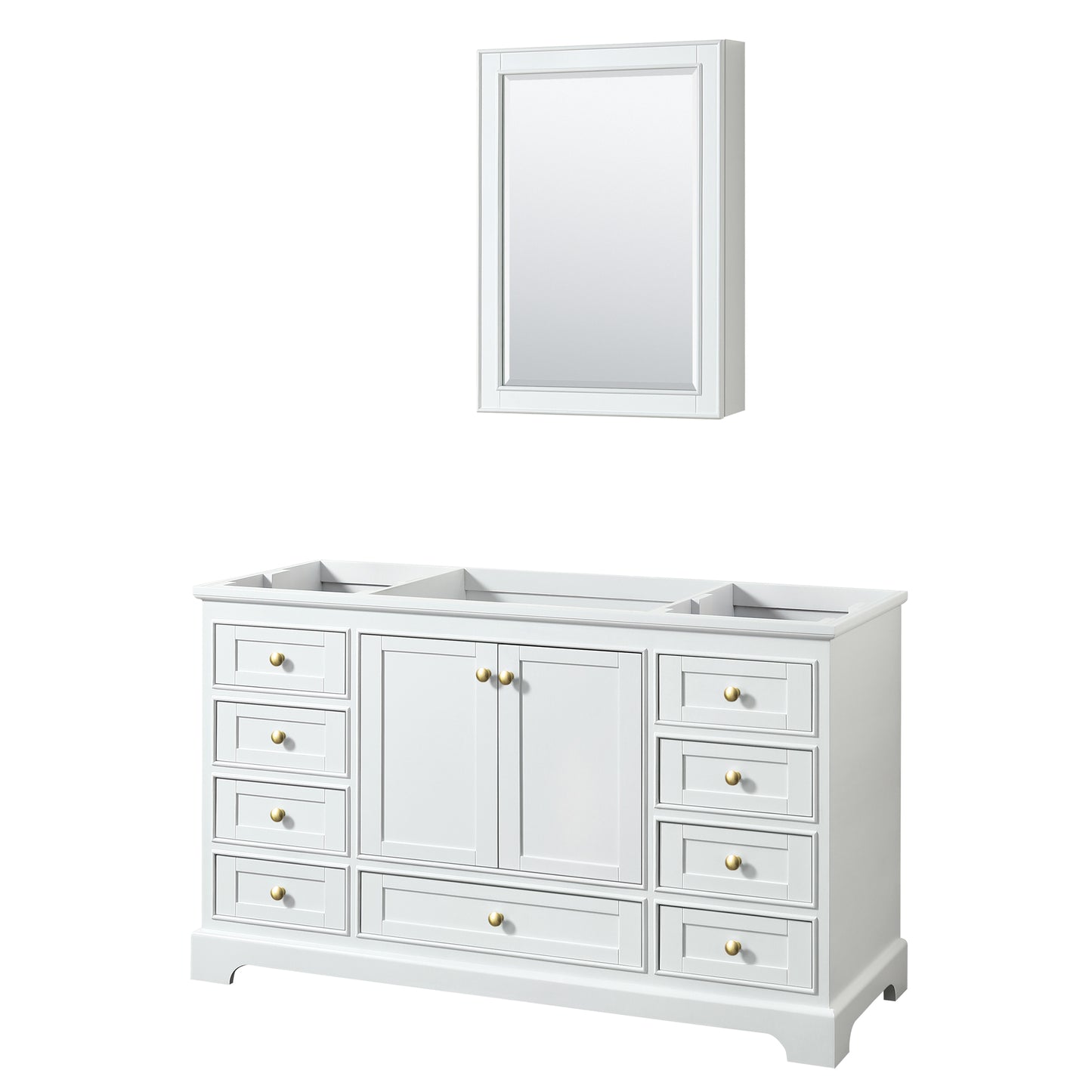 Wyndham Collection Deborah 60 Inch Single Bathroom Vanity in White, No Countertop, No Sink, Brushed Gold Trim, 58 Inch Mirror - Luxe Bathroom Vanities