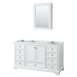 Wyndham Collection Deborah 60 Inch Single Bathroom Vanity in White, No Countertop, No Sink, Brushed Gold Trim, 58 Inch Mirror - Luxe Bathroom Vanities