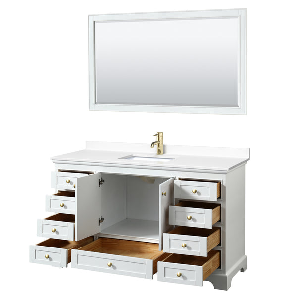 Wyndham Collection Deborah 60 Inch Single Bathroom Vanity in White, Marble Countertop, Undermount Square Sink, Brushed Gold Trim - Luxe Bathroom Vanities