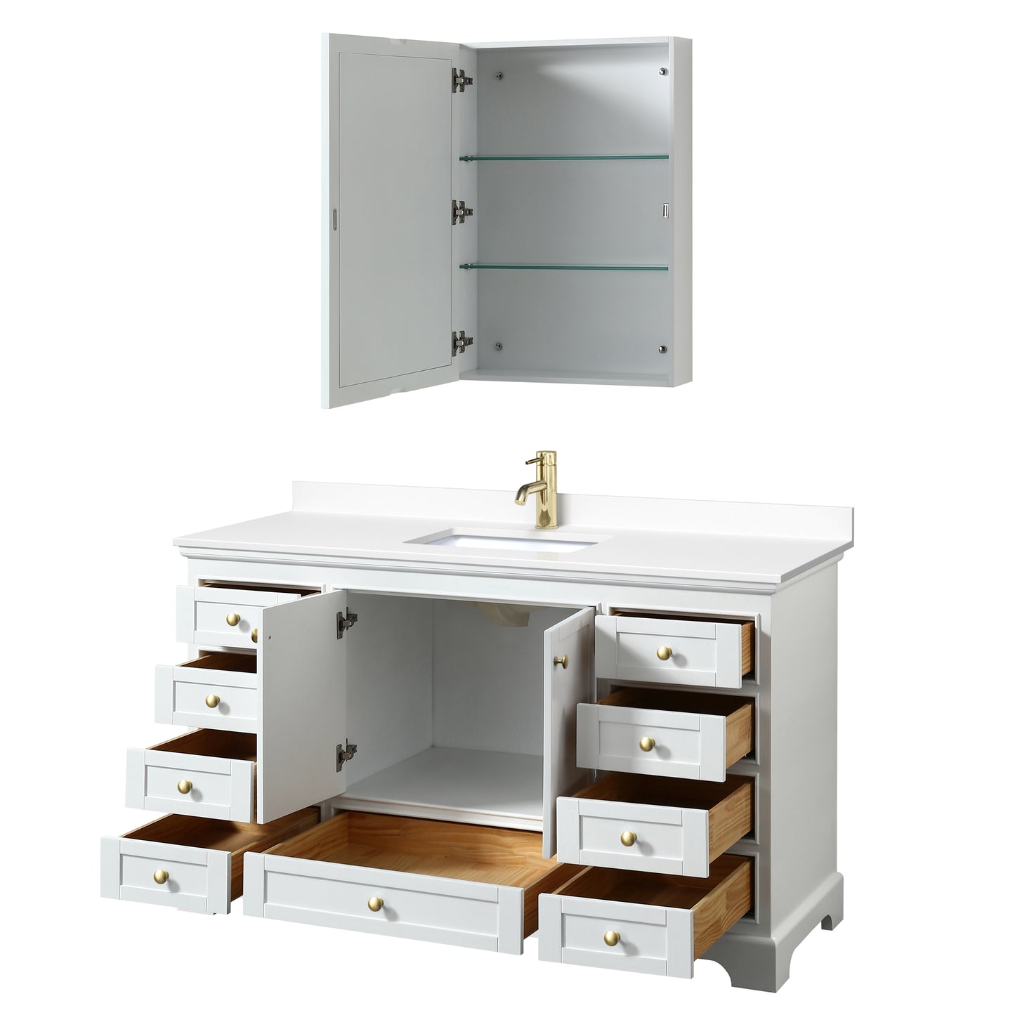 Wyndham Collection Deborah 60 Inch Single Bathroom Vanity in White, Marble Countertop, Undermount Square Sink, Brushed Gold Trim - Luxe Bathroom Vanities