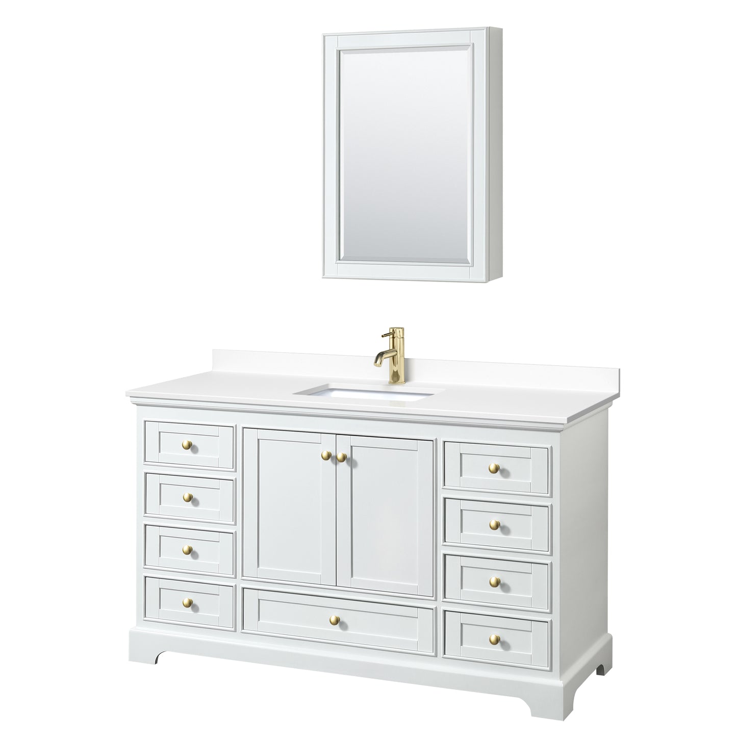 Wyndham Collection Deborah 60 Inch Single Bathroom Vanity in White, Marble Countertop, Undermount Square Sink, Brushed Gold Trim - Luxe Bathroom Vanities