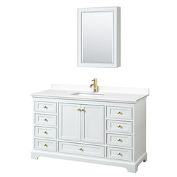 Wyndham Collection Deborah 60 Inch Single Bathroom Vanity in White, Marble Countertop, Undermount Square Sink, Brushed Gold Trim - Luxe Bathroom Vanities