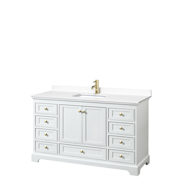 Wyndham Collection Deborah 60 Inch Single Bathroom Vanity in White, Marble Countertop, Undermount Square Sink, Brushed Gold Trim - Luxe Bathroom Vanities