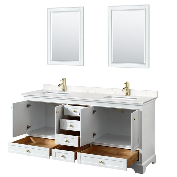 Wyndham Collection Deborah 72 Inch Double Bathroom Vanity in White, Marble Countertop, Undermount Square Sinks, Brushed Gold Trim - Luxe Bathroom Vanities