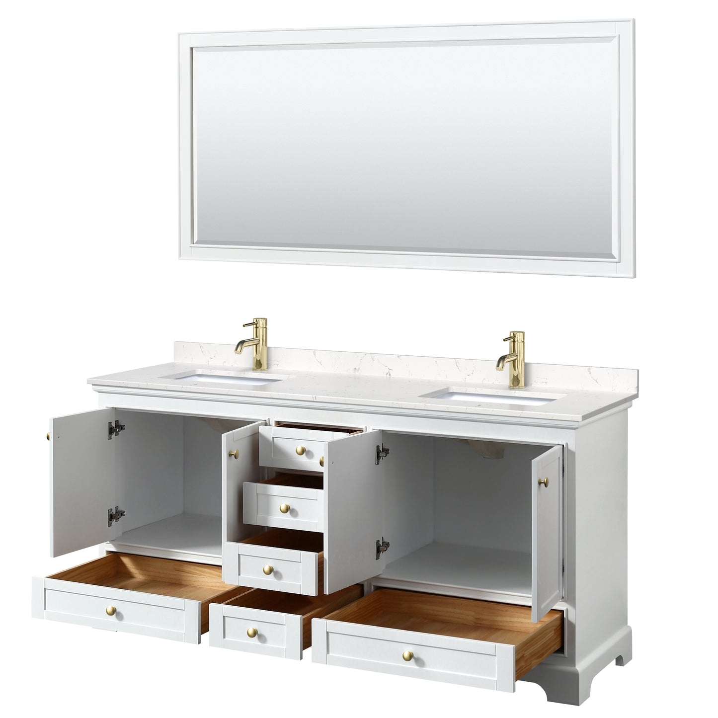 Wyndham Collection Deborah 72 Inch Double Bathroom Vanity in White, Marble Countertop, Undermount Square Sinks, Brushed Gold Trim - Luxe Bathroom Vanities