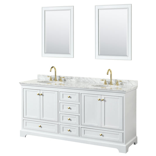 Wyndham Collection Deborah 72 Inch Double Bathroom Vanity in White, White Carrara Marble Countertop, Undermount Oval Sinks, Brushed Gold Trim - Luxe Bathroom Vanities