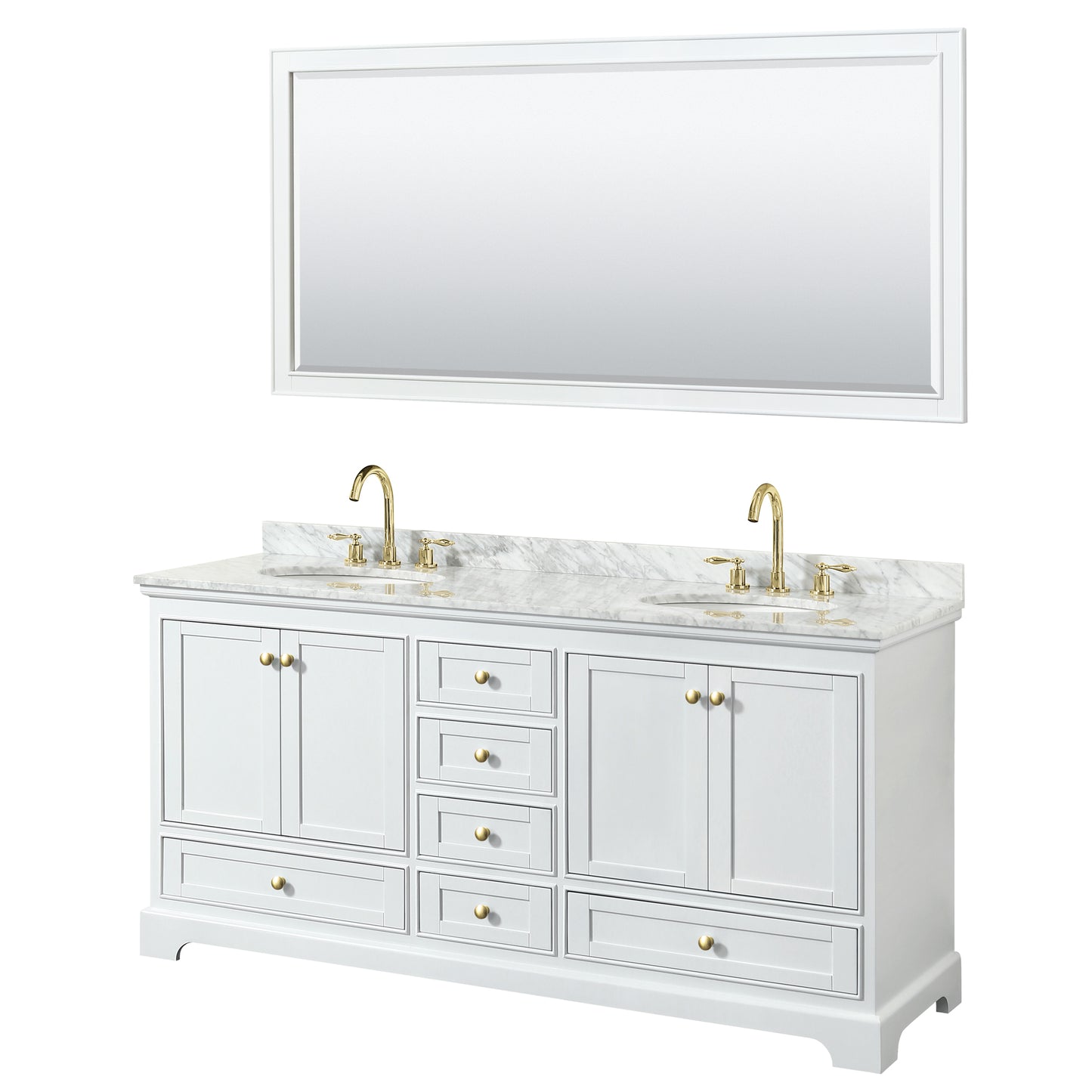 Wyndham Collection Deborah 72 Inch Double Bathroom Vanity in White, White Carrara Marble Countertop, Undermount Oval Sinks, Brushed Gold Trim - Luxe Bathroom Vanities