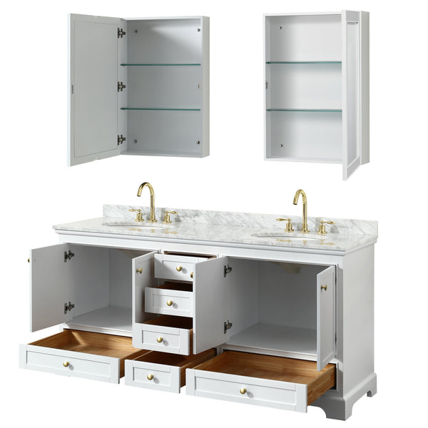 Wyndham Collection Deborah 72 Inch Double Bathroom Vanity in White, White Carrara Marble Countertop, Undermount Oval Sinks, Brushed Gold Trim - Luxe Bathroom Vanities