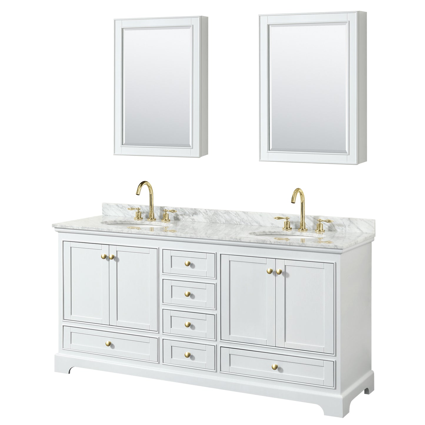 Wyndham Collection Deborah 72 Inch Double Bathroom Vanity in White, White Carrara Marble Countertop, Undermount Oval Sinks, Brushed Gold Trim - Luxe Bathroom Vanities
