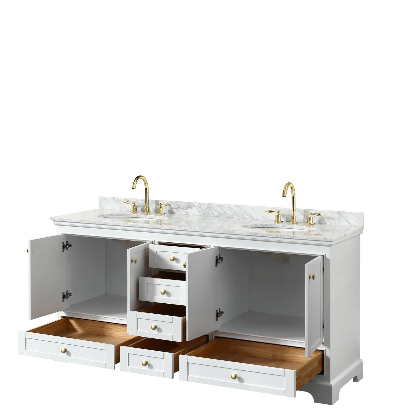 Wyndham Collection Deborah 72 Inch Double Bathroom Vanity in White, White Carrara Marble Countertop, Undermount Oval Sinks, Brushed Gold Trim - Luxe Bathroom Vanities