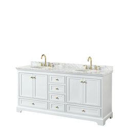 Wyndham Collection Deborah 72 Inch Double Bathroom Vanity in White, White Carrara Marble Countertop, Undermount Oval Sinks, Brushed Gold Trim - Luxe Bathroom Vanities