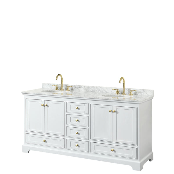 Wyndham Collection Deborah 72 Inch Double Bathroom Vanity in White, White Carrara Marble Countertop, Undermount Oval Sinks, Brushed Gold Trim - Luxe Bathroom Vanities