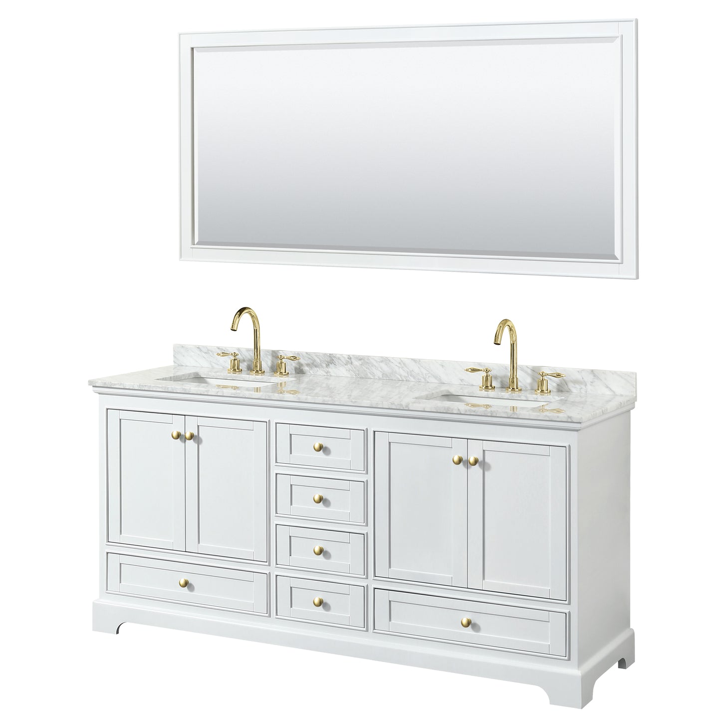 Wyndham Collection Deborah 72 Inch Double Bathroom Vanity in White, White Carrara Marble Countertop, Undermount Square Sinks, Brushed Gold Trim - Luxe Bathroom Vanities