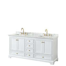 Wyndham Collection Deborah 72 Inch Double Bathroom Vanity in White, White Carrara Marble Countertop, Undermount Square Sinks, Brushed Gold Trim - Luxe Bathroom Vanities