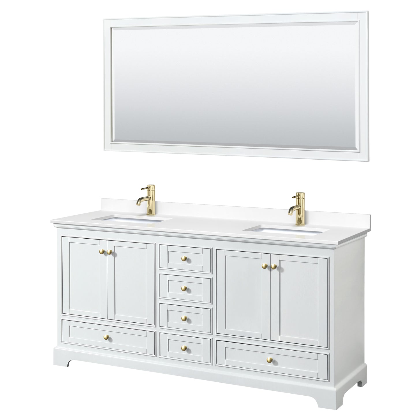 Wyndham Collection Deborah 72 Inch Double Bathroom Vanity in White, Marble Countertop, Undermount Square Sinks, Brushed Gold Trim - Luxe Bathroom Vanities