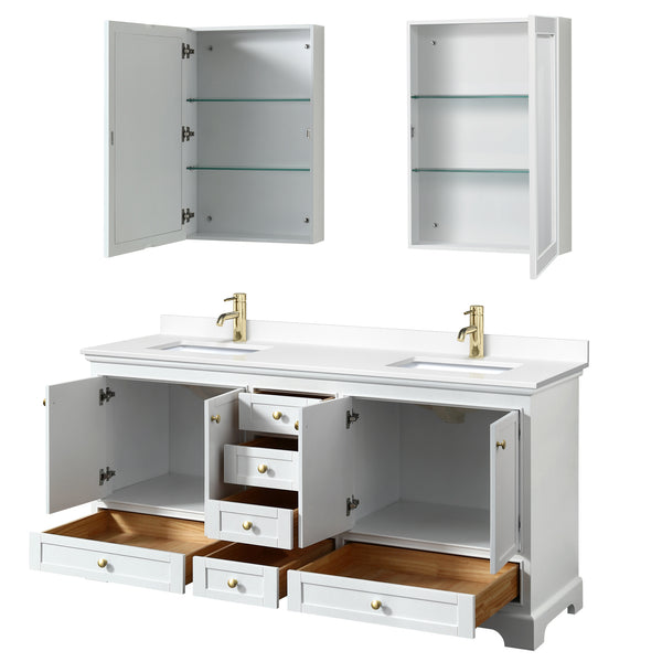 Wyndham Collection Deborah 72 Inch Double Bathroom Vanity in White, Marble Countertop, Undermount Square Sinks, Brushed Gold Trim - Luxe Bathroom Vanities