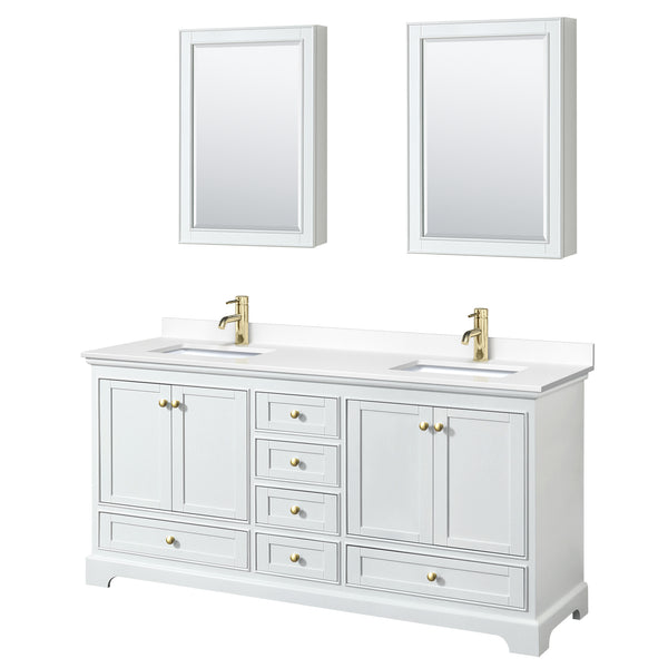 Wyndham Collection Deborah 72 Inch Double Bathroom Vanity in White, Marble Countertop, Undermount Square Sinks, Brushed Gold Trim - Luxe Bathroom Vanities