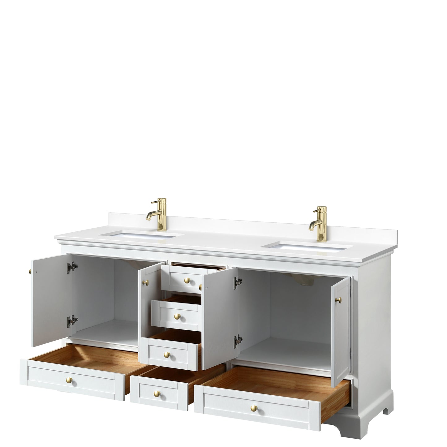 Wyndham Collection Deborah 72 Inch Double Bathroom Vanity in White, Marble Countertop, Undermount Square Sinks, Brushed Gold Trim - Luxe Bathroom Vanities