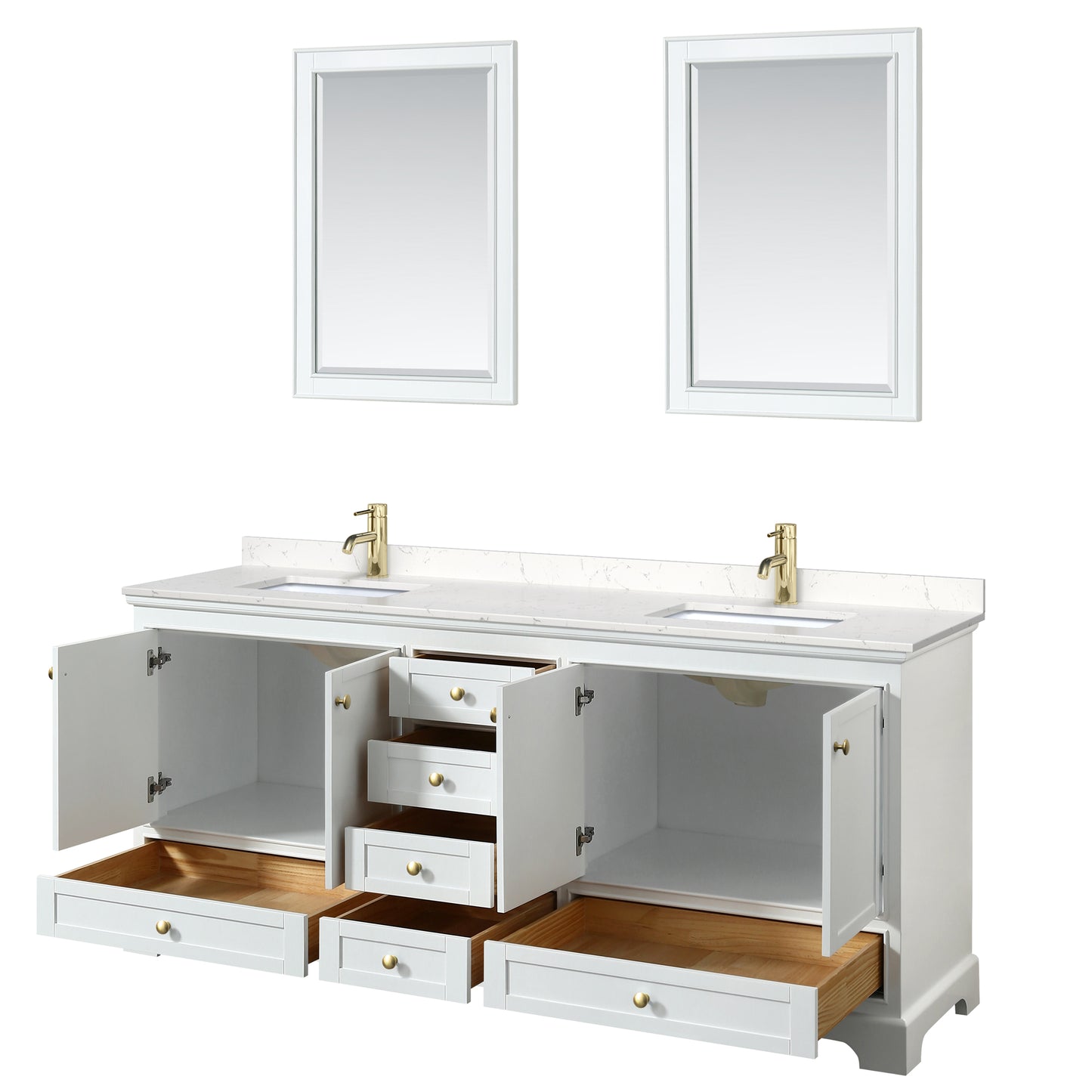 Wyndham Collection Deborah 80 Inch Double Bathroom Vanity in White, Marble Countertop, Undermount Square Sinks, Brushed Gold Trim - Luxe Bathroom Vanities