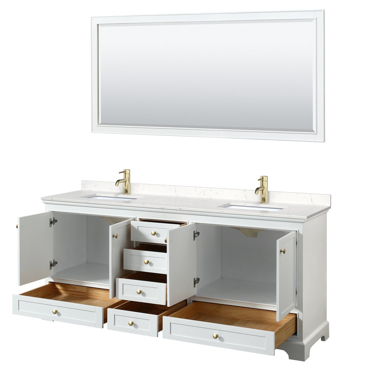 Wyndham Collection Deborah 80 Inch Double Bathroom Vanity in White, Marble Countertop, Undermount Square Sinks, Brushed Gold Trim - Luxe Bathroom Vanities