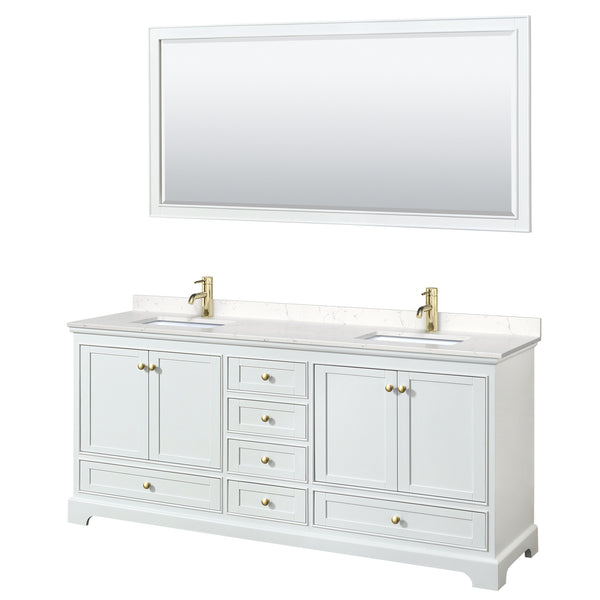 Wyndham Collection Deborah 80 Inch Double Bathroom Vanity in White, Marble Countertop, Undermount Square Sinks, Brushed Gold Trim - Luxe Bathroom Vanities