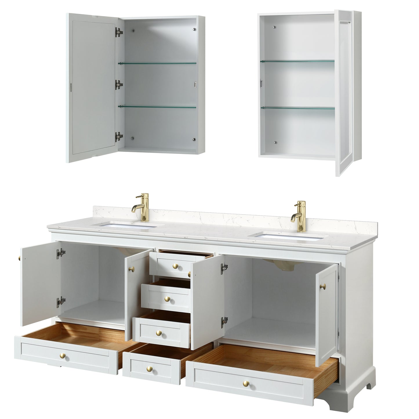 Wyndham Collection Deborah 80 Inch Double Bathroom Vanity in White, Marble Countertop, Undermount Square Sinks, Brushed Gold Trim - Luxe Bathroom Vanities