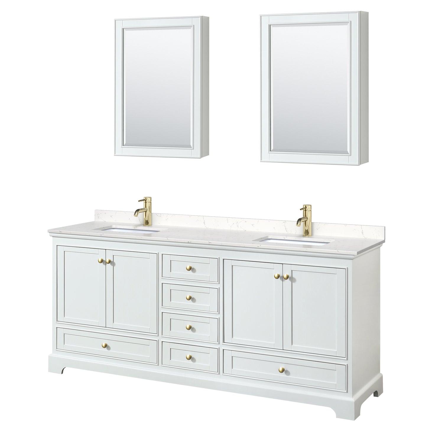 Wyndham Collection Deborah 80 Inch Double Bathroom Vanity in White, Marble Countertop, Undermount Square Sinks, Brushed Gold Trim - Luxe Bathroom Vanities