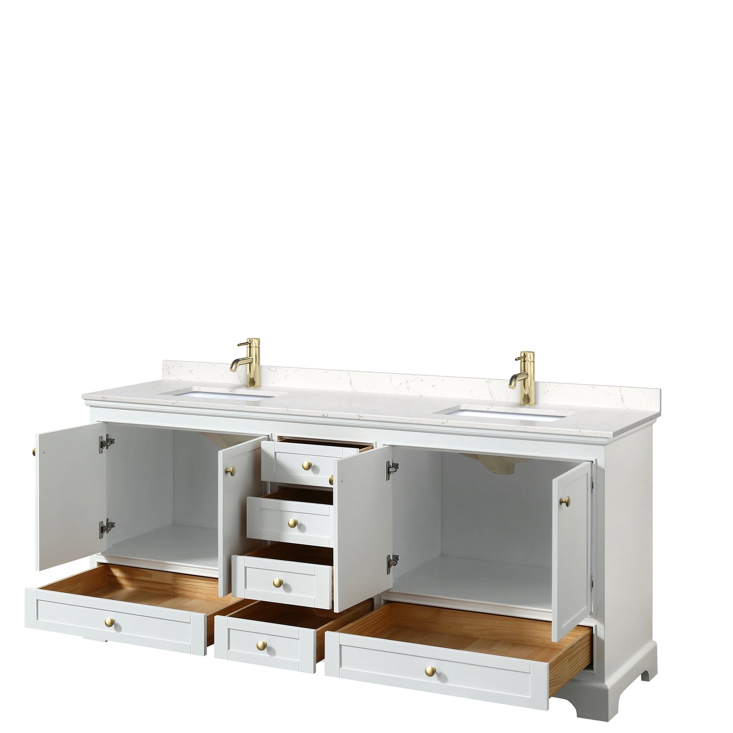 Wyndham Collection Deborah 80 Inch Double Bathroom Vanity in White, Marble Countertop, Undermount Square Sinks, Brushed Gold Trim - Luxe Bathroom Vanities