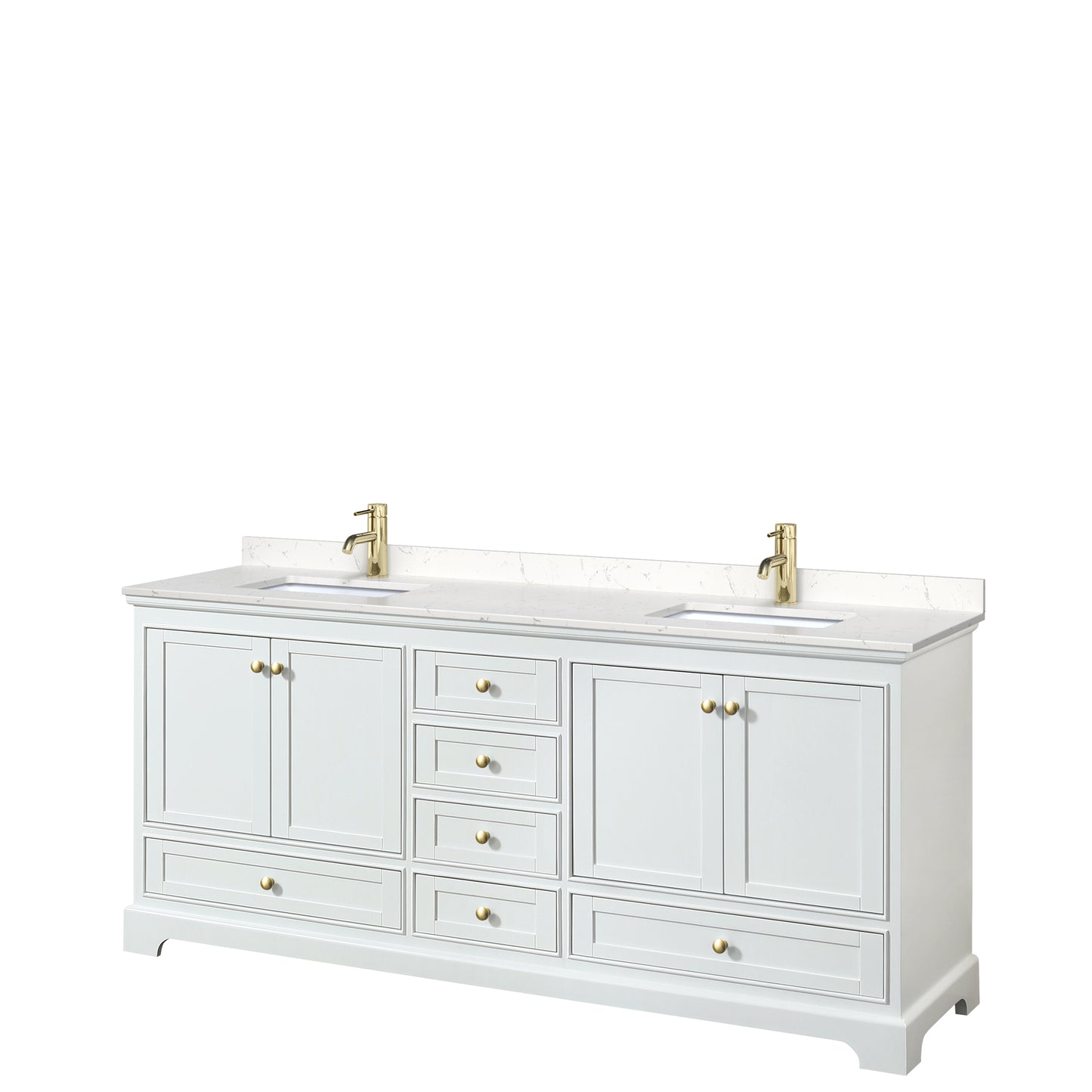 Wyndham Collection Deborah 80 Inch Double Bathroom Vanity in White, Marble Countertop, Undermount Square Sinks, Brushed Gold Trim - Luxe Bathroom Vanities