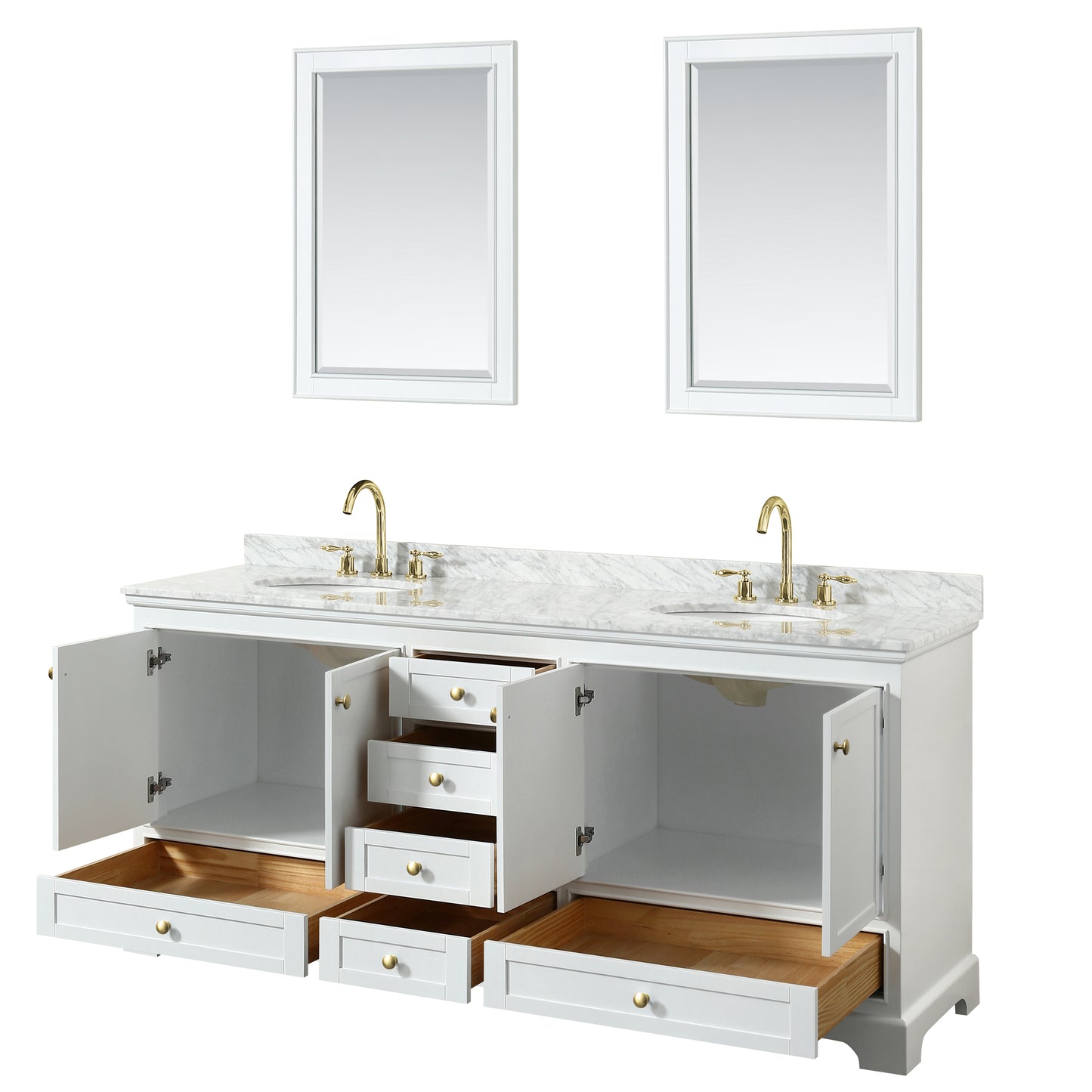 Wyndham Collection Deborah 80 Inch Double Bathroom Vanity in White, White Carrara Marble Countertop, Undermount Oval Sinks, Brushed Gold Trim - Luxe Bathroom Vanities