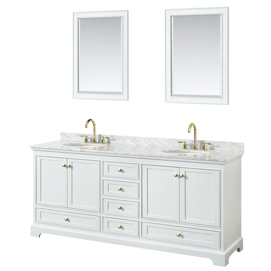 Wyndham Collection Deborah 80 Inch Double Bathroom Vanity in White, White Carrara Marble Countertop, Undermount Oval Sinks, Brushed Gold Trim - Luxe Bathroom Vanities