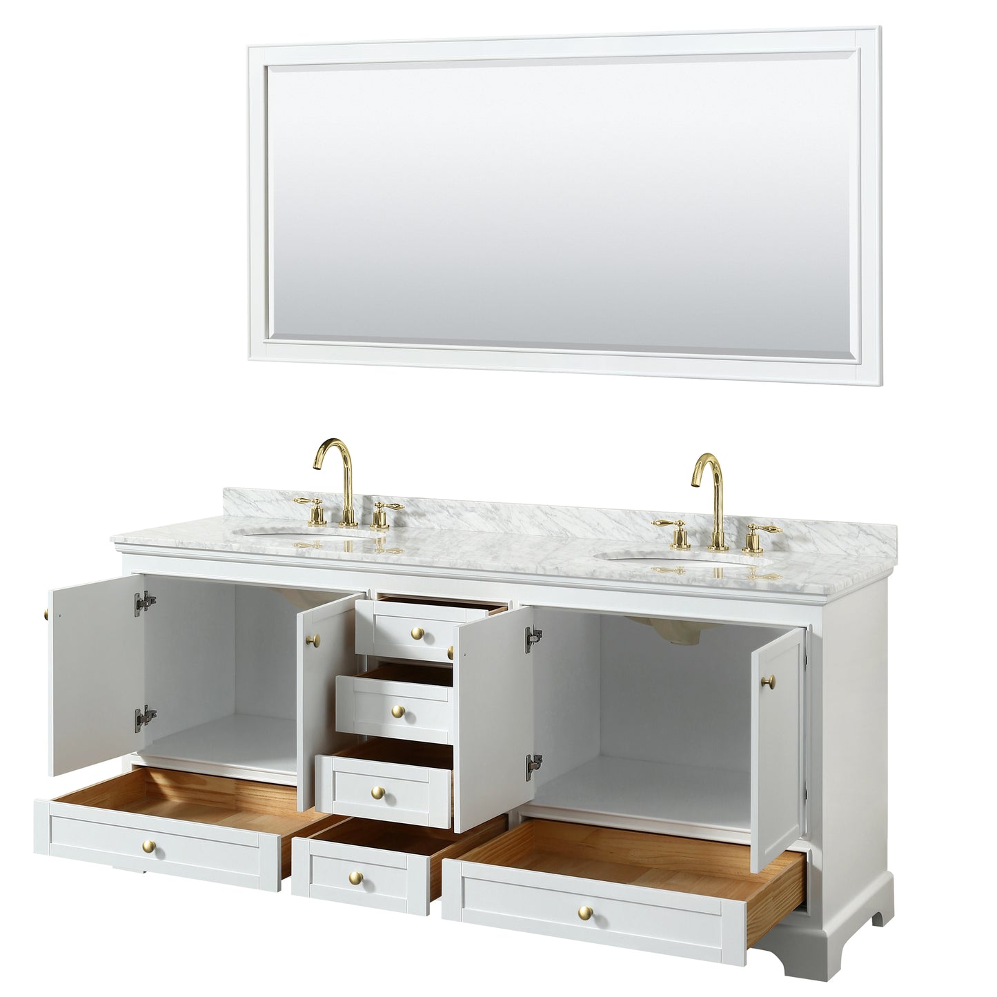 Wyndham Collection Deborah 80 Inch Double Bathroom Vanity in White, White Carrara Marble Countertop, Undermount Oval Sinks, Brushed Gold Trim - Luxe Bathroom Vanities