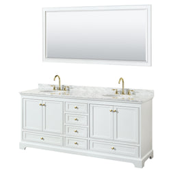 Wyndham Collection Deborah 80 Inch Double Bathroom Vanity in White, White Carrara Marble Countertop, Undermount Oval Sinks, Brushed Gold Trim - Luxe Bathroom Vanities