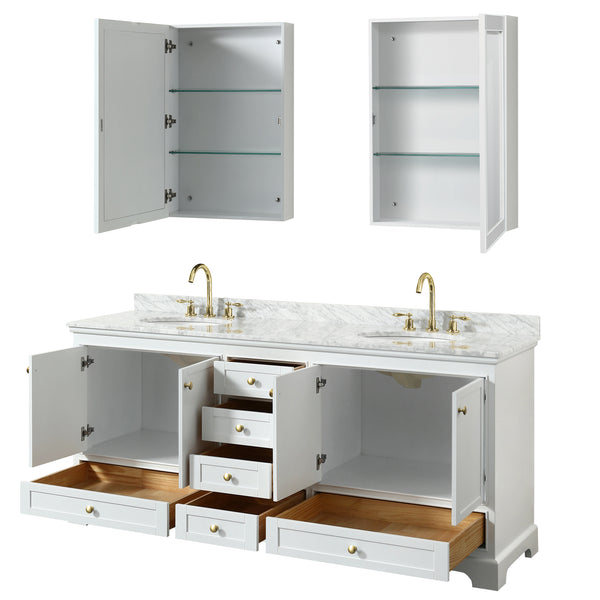 Wyndham Collection Deborah 80 Inch Double Bathroom Vanity in White, White Carrara Marble Countertop, Undermount Oval Sinks, Brushed Gold Trim - Luxe Bathroom Vanities