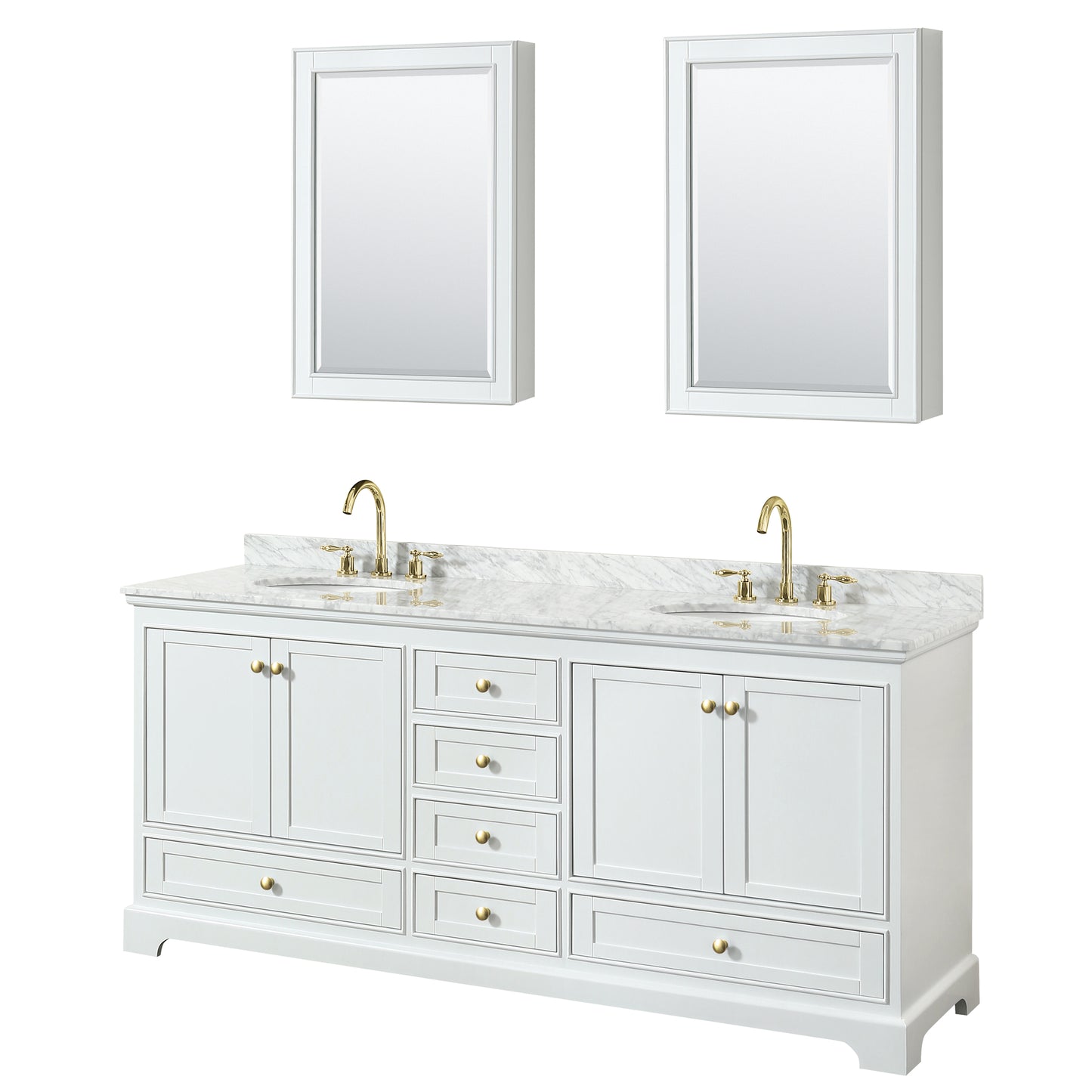 Wyndham Collection Deborah 80 Inch Double Bathroom Vanity in White, White Carrara Marble Countertop, Undermount Oval Sinks, Brushed Gold Trim - Luxe Bathroom Vanities