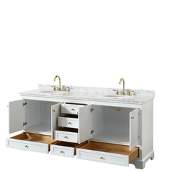 Wyndham Collection Deborah 80 Inch Double Bathroom Vanity in White, White Carrara Marble Countertop, Undermount Oval Sinks, Brushed Gold Trim - Luxe Bathroom Vanities