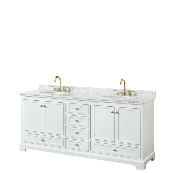 Wyndham Collection Deborah 80 Inch Double Bathroom Vanity in White, White Carrara Marble Countertop, Undermount Oval Sinks, Brushed Gold Trim - Luxe Bathroom Vanities