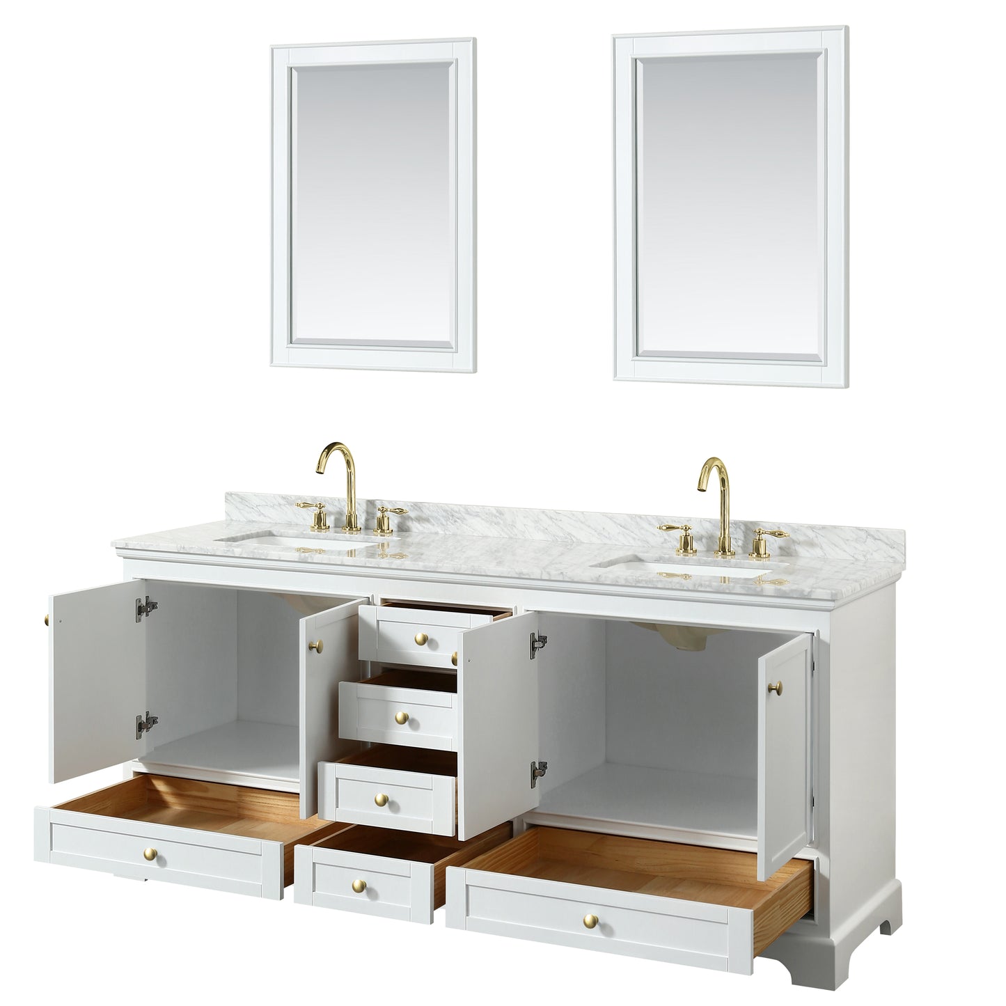 Wyndham Collection Deborah 80 Inch Double Bathroom Vanity in White, White Carrara Marble Countertop, Undermount Square Sinks, Brushed Gold Trim - Luxe Bathroom Vanities