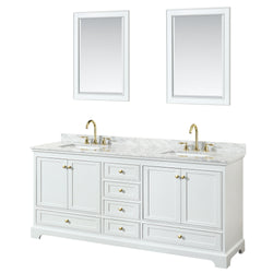 Wyndham Collection Deborah 80 Inch Double Bathroom Vanity in White, White Carrara Marble Countertop, Undermount Square Sinks, Brushed Gold Trim - Luxe Bathroom Vanities