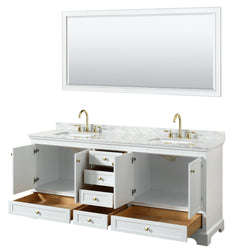 Wyndham Collection Deborah 80 Inch Double Bathroom Vanity in White, White Carrara Marble Countertop, Undermount Square Sinks, Brushed Gold Trim - Luxe Bathroom Vanities