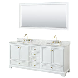 Wyndham Collection Deborah 80 Inch Double Bathroom Vanity in White, White Carrara Marble Countertop, Undermount Square Sinks, Brushed Gold Trim - Luxe Bathroom Vanities