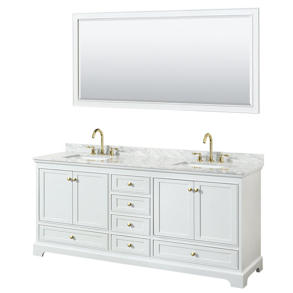 Wyndham Collection Deborah 80 Inch Double Bathroom Vanity in White, White Carrara Marble Countertop, Undermount Square Sinks, Brushed Gold Trim - Luxe Bathroom Vanities