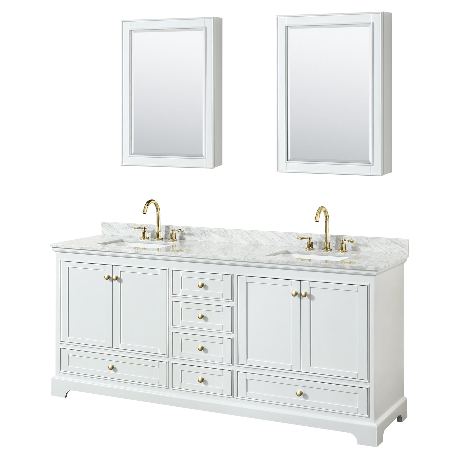 Wyndham Collection Deborah 80 Inch Double Bathroom Vanity in White, White Carrara Marble Countertop, Undermount Square Sinks, Brushed Gold Trim - Luxe Bathroom Vanities