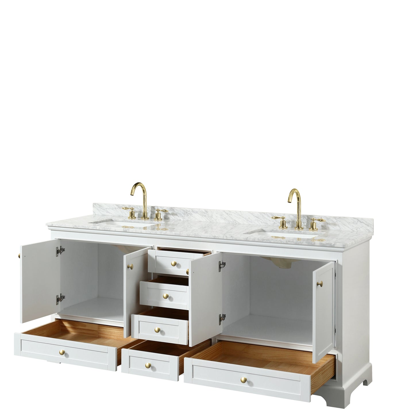 Wyndham Collection Deborah 80 Inch Double Bathroom Vanity in White, White Carrara Marble Countertop, Undermount Square Sinks, Brushed Gold Trim - Luxe Bathroom Vanities