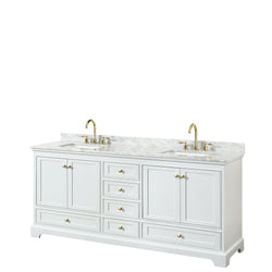 Wyndham Collection Deborah 80 Inch Double Bathroom Vanity in White, White Carrara Marble Countertop, Undermount Square Sinks, Brushed Gold Trim - Luxe Bathroom Vanities