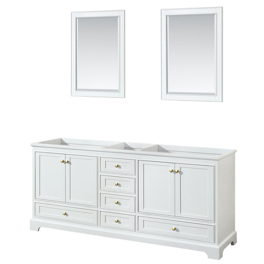 Deborah 80 Inch Double Bathroom Vanity in White, No Countertop, No Sinks, Brushed Gold Trim, 24 Inch Mirrors - Luxe Bathroom Vanities