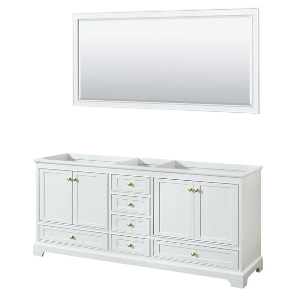 Deborah 80 Inch Double Bathroom Vanity in White, No Countertop, No Sinks, Brushed Gold Trim, 70 Inch Mirror - Luxe Bathroom Vanities