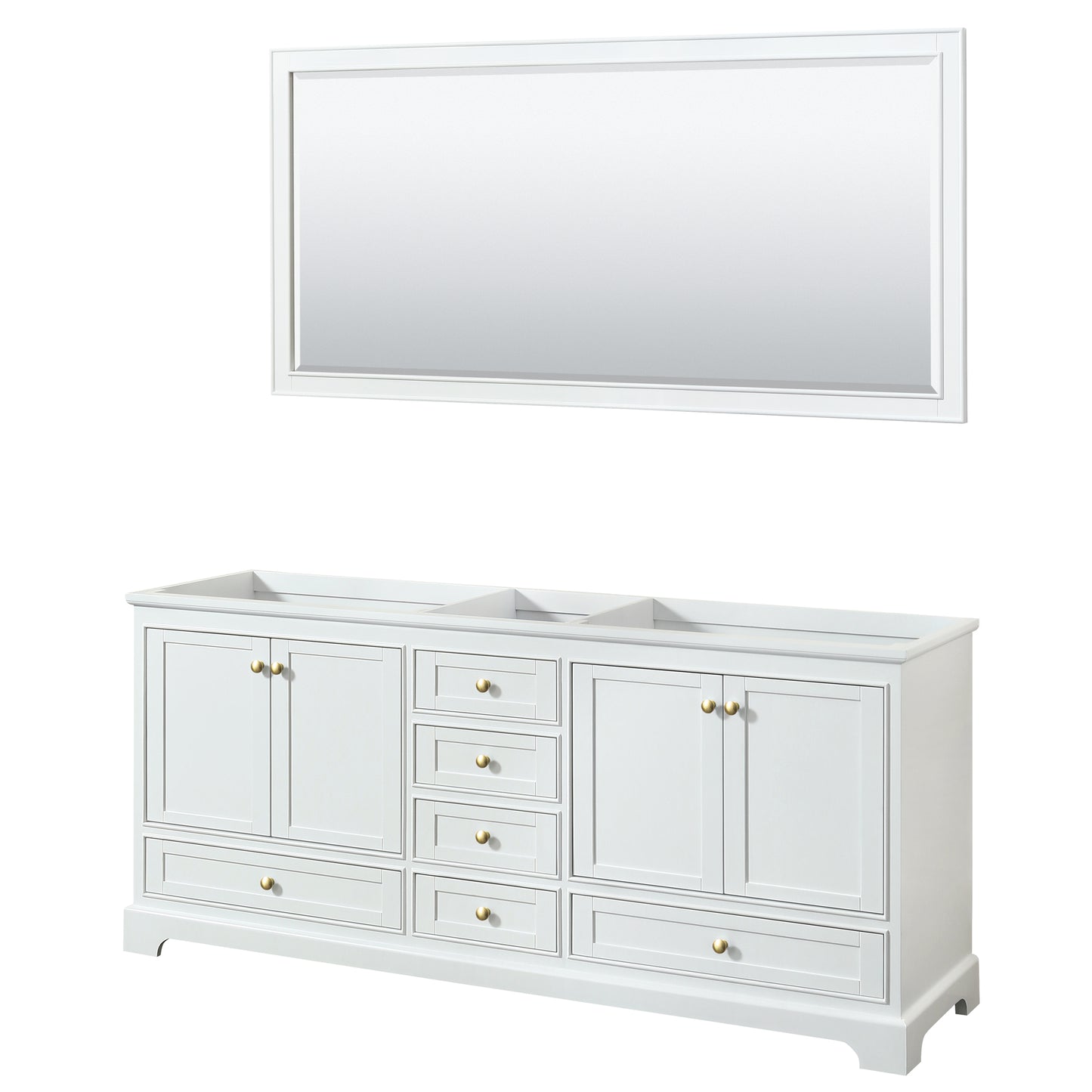 Wyndham Collection Deborah 80 Inch Double Bathroom Vanity in White, No Countertop, No Sinks, Brushed Gold Trim, With Mirror - Luxe Bathroom Vanities